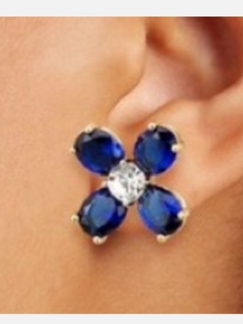 NWT Tory Burch Gold Stud Buddy BIue Crystal Clover Earrings
